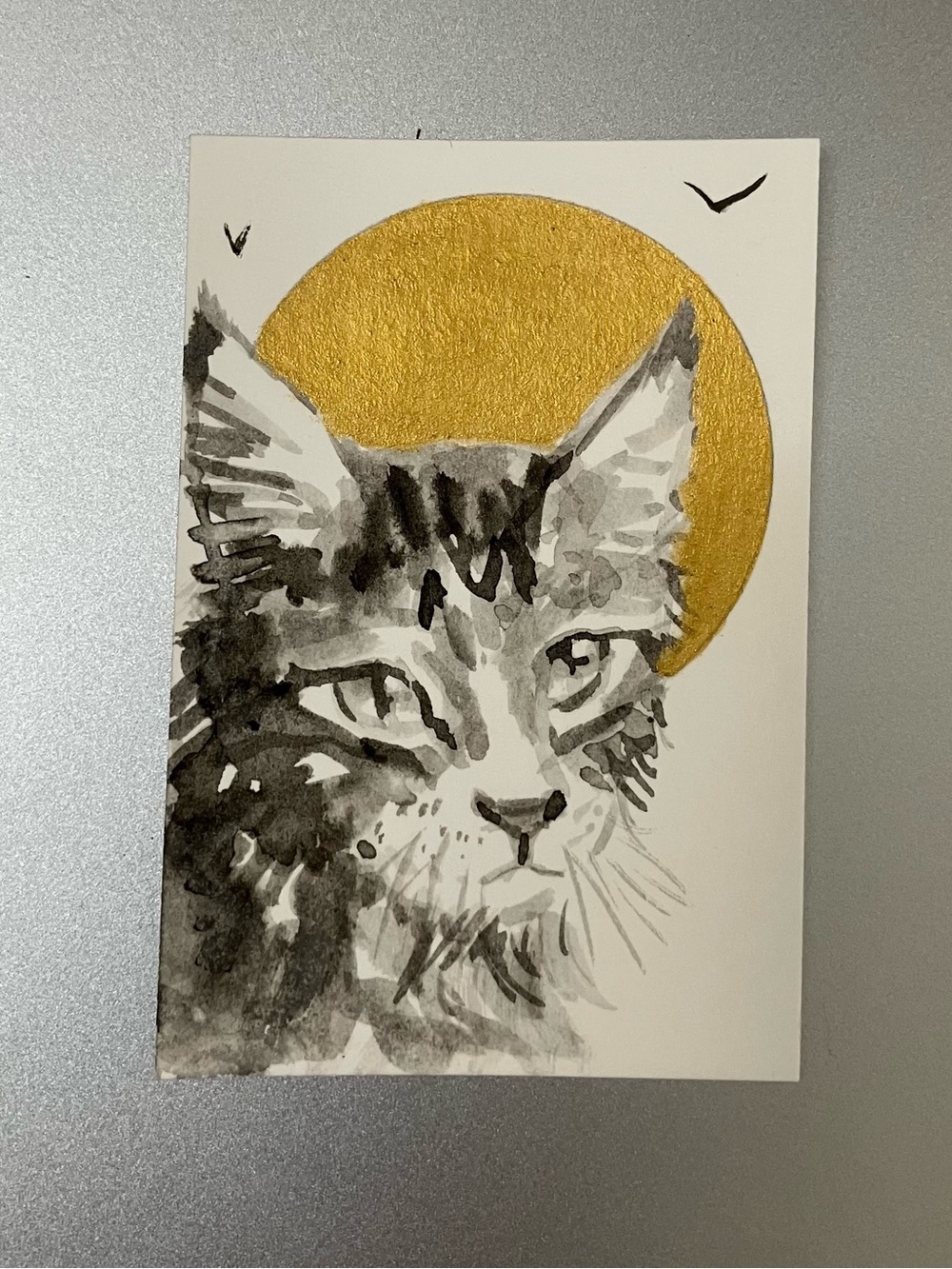 ORIGINAL main coon kitten painting cat art miniature realism artwork sumi-e
